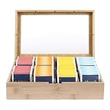 Van Henry Caja de té de bambú de madera con 8 compartimentos y ventana – Ideal para bolsas de té, té, café, especias o como regalo