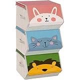 SONGMICS Caja Almacenaje Tela Infantil, Caja Organizadora Plegable, Juego de 3, Apilables con Asas, Tapa Magnética, para Habitación de Niños,...