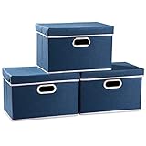 Prandom Contenedores de almacenamiento plegables grandes de lino con tapas para el hogar, la oficina [paquete de 3] azul real (38 x 25 x 25 cm)