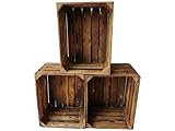 Cajas de madera flameadas en práctico juego de 3 unidades, 50 x 40 x 30 cm: cajas de fruta originales y vintage, cajas de manzanas de la antigua...