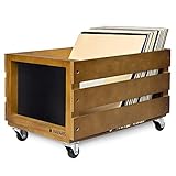 Navaris Caja para discos de vinilo - Mueble de madera con ruedas porta vinilos - Estilo vintage con pizarra para anotar - Soporte de almacenaje -...