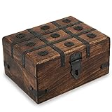 Ajuny Caja de joyería decorativa de madera hecha a mano con forma de cofre del tesoro pirata, tiras de concha cruzada, caja de almacenamiento...