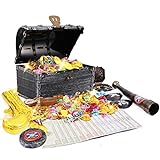 JOYUE - Caja de Cofre del Tesoro de Pirata, 50 Piezas de Oro de Pirata + 50 Piezas de Diamante de Pirata, Juguetes para niños de Halloween de...