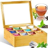 GUHAOOL Caja de Té, Caja para Té e Infusiones, Caja de Madera para Bolsas de Té con 12 Compartimentos, Cajita Infusiones con Ventana,...