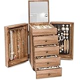 Meangood Joyero de madera para Wowen, caja organizadora grande de 5 capas con espejo y 4 cajones para anillos, aretes, collares, madera quemada...