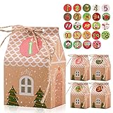 FLOFIA 24pcs Caja Regalo Caramelo, Caja Navidad Kraft Pequeñas Cajas Papel Dulce Cartón Forma Casa con Pegatinas Navideñas Número 1-24 para...