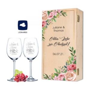 Leonardo Copas de vino y caja de madera vintage