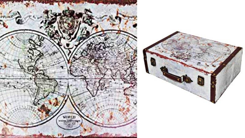 maleta madera diseño mapa del mundo